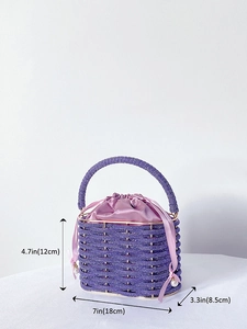 Purple woven evening bucket bag with pink satin drawstring lining and pearl accents