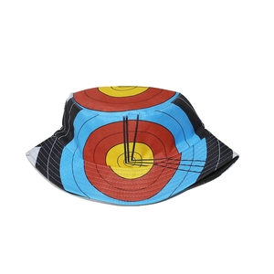 Detailed close-up of a cotton bucket hat featuring a colorful archery target print
