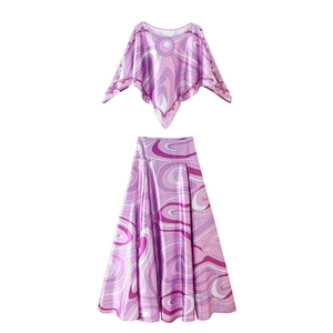 Abstrakt Geometrisch Wirbel Druck Umhang Oberteil Und A-Linien Maxi Rock Ärmellos Satin Seidig Retro Streetwear Damen