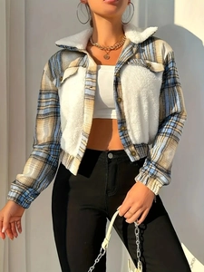 Short plaid jacket for women with blue and yellow check pattern and white faux shearling