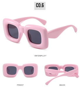 Detailed multi-angle views of pink square sunglasses with dark grey lenses and thick frames
