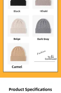 Detailed cable knit textures of winter merino wool beanies in five assorted neutral colors