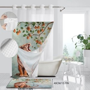 Detail of tiger floral shower curtain with reinforced metal eyelets and 60x40cm bath mat