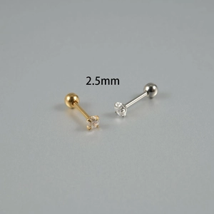 Detail of 2.5mm cubic zirconia studs with polished screw-back balls in gold and silver
