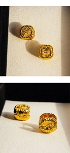 Dual-view macro of golden firework brushed texture pumpkin-shaped hoop earrings