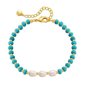 Handmade freshwater pearl and turquoise beaded bracelet with adjustable gold chain