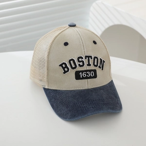 Detail of kids baseball cap with Boston embroidery and breathable mesh panels