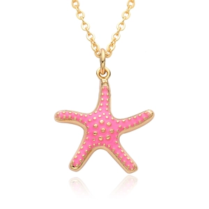 Bohemian gold plated starfish pendant necklace with pink enamel and intricate gold dots