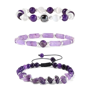 Three-piece purple amethyst beaded bracelet set with round beads and rectangular stones