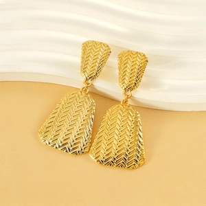 Geometric Trapezoid Drop Earrings 18K Gold Plated Stainless Steel Herringbone Texture Textured Vintage Style For Women