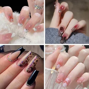 Press On Nails French Tip 3D Butterfly Rhinestone Blush False Nails Coffin Square Artificial Fingernails For Women