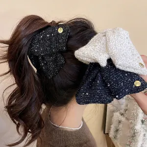 Tweed Fabric Bow Hair Claw Clip Acrylic Metal Sequin Shark Clip French Vintage Elegant Accessory For Women