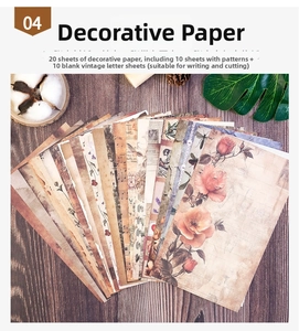 Macro shot of 20-piece vintage scrapbook paper set with floral and music note designs