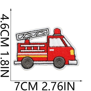 Fire truck embroidered patch for kids clothing with precise 7cm x 4.6cm size measurements