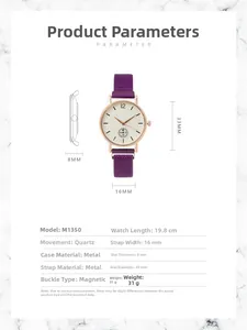 Detailed size parameters for the quartz watch with purple magnetic strap and 33mm dial
