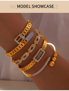 Close-up of a gold-plated geometric chain bracelet set with sparkling diamond accents
