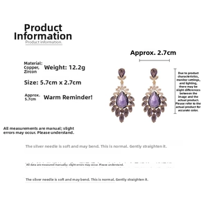 Detailed size specifications for purple teardrop zircon earrings with S925 silver posts