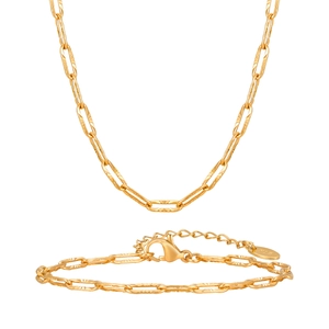 Textured 18K gold plated paperclip chain necklace and bracelet jewelry set for women