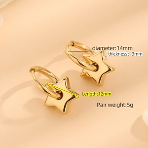 Polished gold stainless steel star drop hoop earrings with 14mm diameter shown in 45-degree