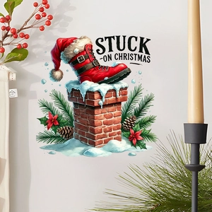 Cozy Christmas wall sticker featuring red boots and chimney on a warm white wall