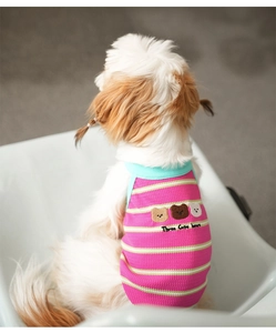 Détail du gilet rayé rose et vert pour chien avec broderie de trois ours mignons