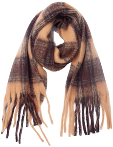 Detail shot of brown and beige plaid scarf texture with soft wool-like fringe tassels