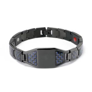Men's magnetic therapy bracelet in black alloy with blue carbon fiber inlay highlights