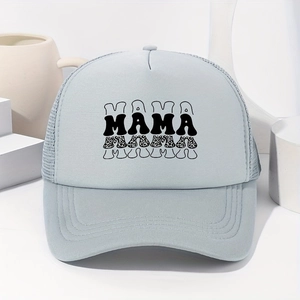 Close-up of light blue trucker hat featuring leopard print MAMA text and mesh back