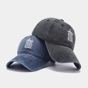 Vintage washed cotton baseball caps in dark grey and blue with inspirational embroidery