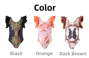 Three kids' one-piece swimsuits with ruffle sleeves in geometric and floral prints