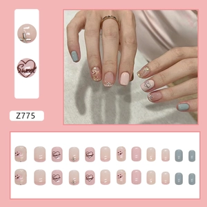 Sweet pink and blue press-on nails set with heart and smiley face patterns Z775