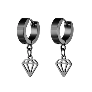 Close-up of black stainless steel earrings with geometric hollow diamond charms