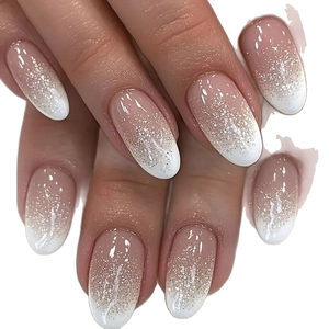 French gradient glitter oval press-on nails with silver sparkles and pink base