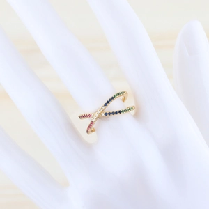 Rainbow CZ open cross ring in gold plating with colorful cubic zirconia accents