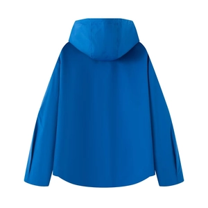 Back view of a navy blue hooded sports jacket with a smooth matte texture and clean finish