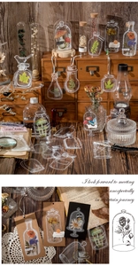 Macro detail of PET transparent bottle stickers with colorful dried floral specimens