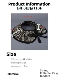 Detail view of foldable straw sun visor with 13cm wide brim and black bow tie closure