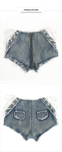 Pantaloncini di jeans con occhielli stringati e cerniere in metallo davanti e dietro