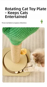 Detail of cactus cat tree featuring wooden track base with three rolling toy balls