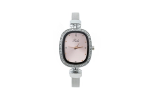 Close-up of elegant ladies' oval watch featuring a rhinestone bezel and pink dial