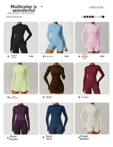 Collage von Yoga-Sets in neun Farben mit langärmligen Oberteilen und kurzen Hosen