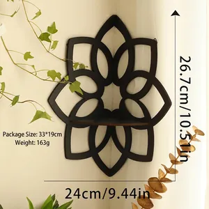 Black wooden lotus flower corner shelf for wall decor with minimalist cutout design