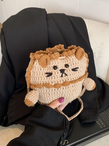 Cute handmade crochet bear drawstring crossbody bag in beige and brown wool