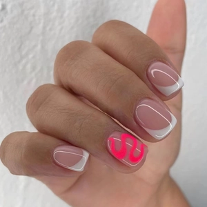 French Press On Nails White Tip Pink Base Rose Red Wavy Lines Minimalist Short Square Shape Fake Nail Tips For Women