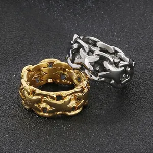 Hollow Out X-Shape Chain Ring 316L Stainless Steel Wide Band Punk Hip Hop Geometric Jewelry For Men