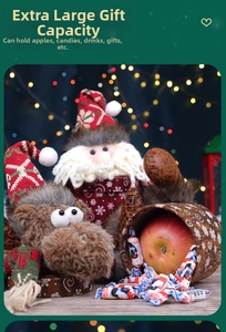 Detail of Christmas plush gift bags featuring Santa and reindeer with white snowflake prints