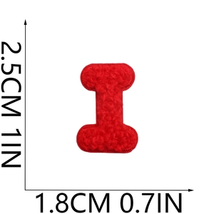 Size detail of red chenille embroidered letter I patch showing 2.5cm height and 1.8cm width