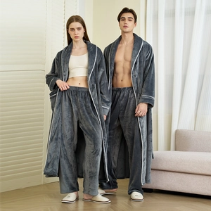 Robe En Flanelle Épaisse Et Pantalon Pyjamas Polaire Chaude Hiver Manches Longues Ceinturé Passepoil Contrasté Unisexe