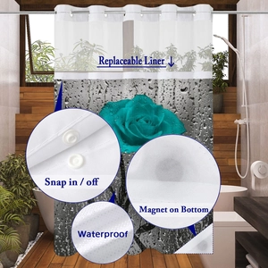 Detail view of double-layer butterfly shower curtain with snap-off liner and magnetic bottom