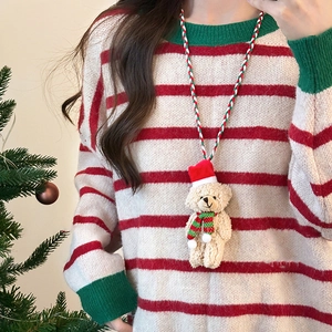 Christmas bear plush pendant necklace with red and white striped sweater charm jewelry